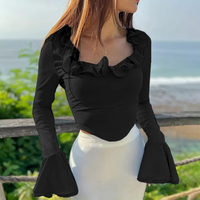 Tree Fungus like Lacework Round Neck Long Sleeve Flared Sleeves Top Black - Shop at LoveMi
