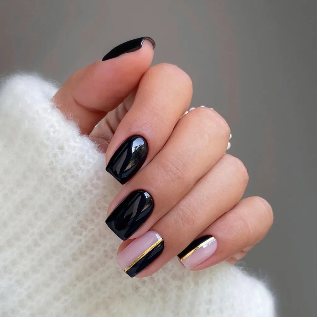 Classic Pure Black Wear Nail Fake Nails Stitching Nail Art Golden Stripes - Jp2904 Glue Type