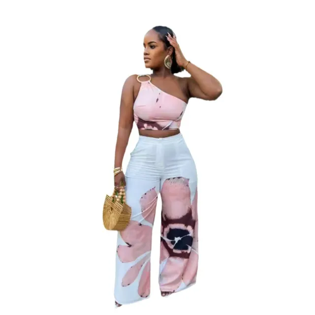 European And American Printed Shoulder Slim fit Wide legged Pants Two piece Set Pink - Shop at LoveMi