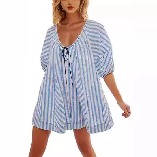 Short Sleeve Striped Shirt Loose Deep V Jumpsuit Blue - Shop at LoveMi