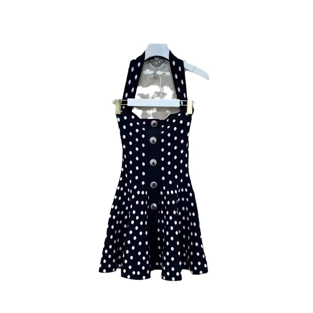 Sweet And Spicy Age-reducing Girly Style A Swing Dot Jacquard Halter Dress