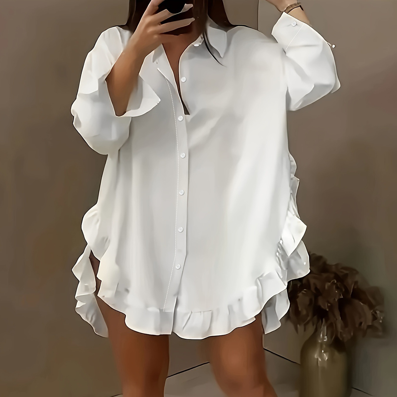 Women's Solid Color Loose Lotus Leaf Hem Loose Shirt