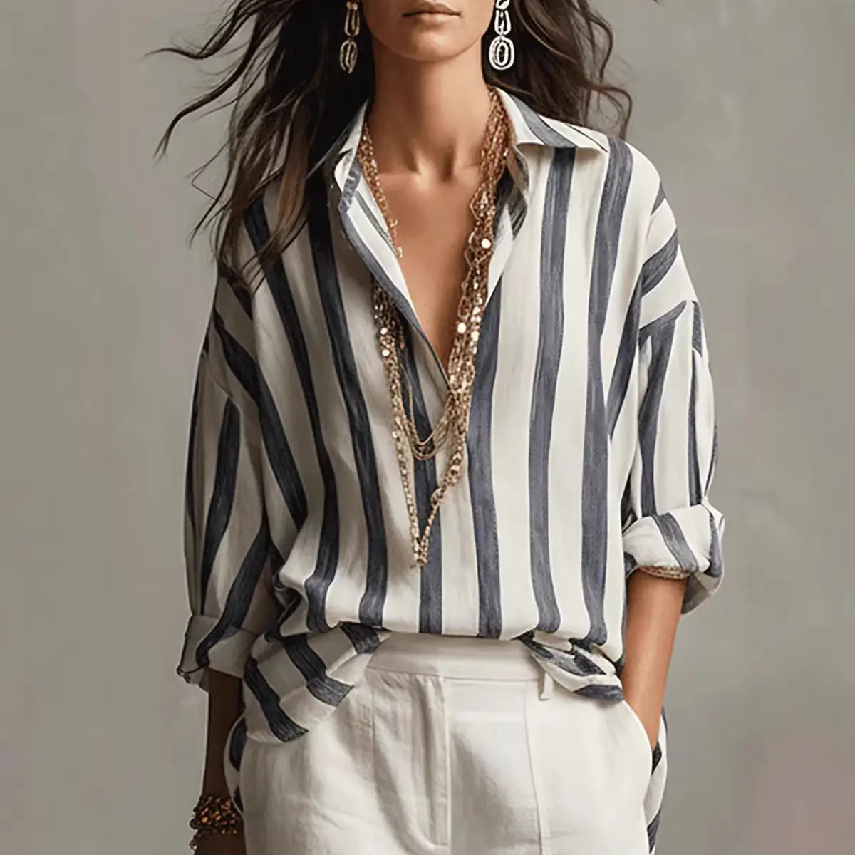 Striped Lapel Collar Loose-Fit Stylish Pullover Womens Blouse