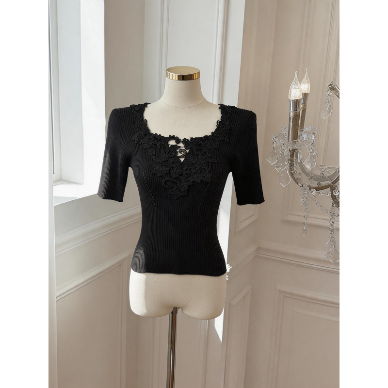 Womens Pure V-neck Knitted Top With Lace Paneling