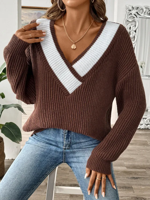 Color Contrast Patchwork Large V neck Loose Pullover Coffee - Shop at LoveMi
