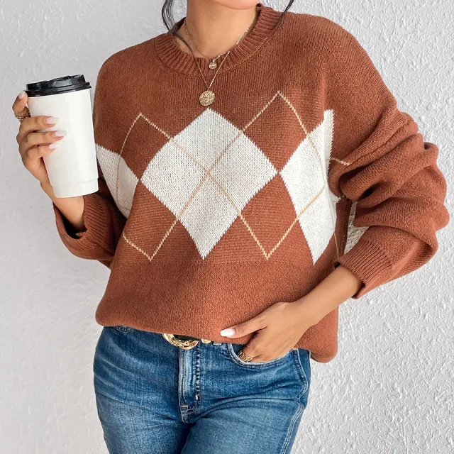 Autumn And Winter Simplicity Color Contrast Patchwork Diamond Lattice Pullover Knitted Sweater Chocolate - Shop at LoveMi