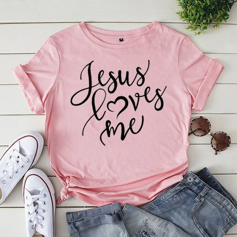 LOVES ME Letter Print T Shirt Women Short Sleeve O Neck Loo - Pink