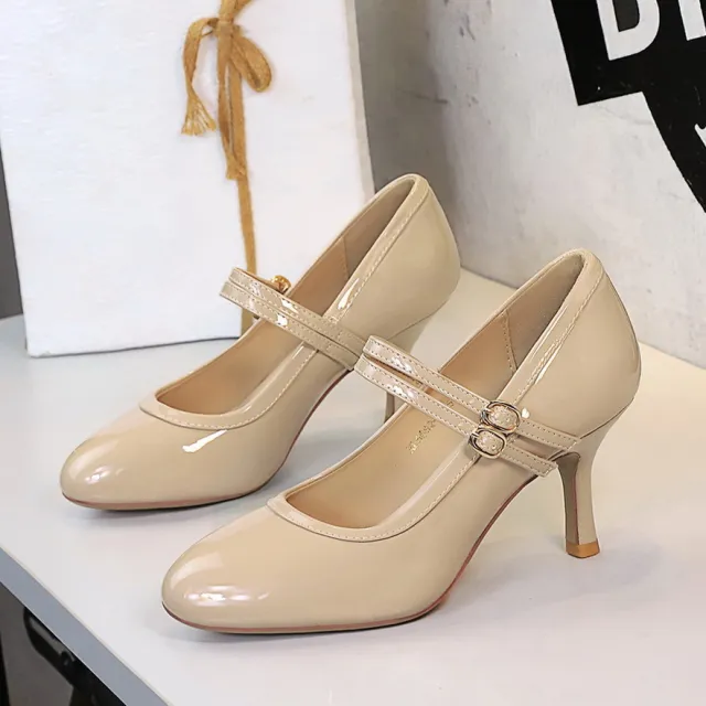 Slender Heel Round Toe Shallow Double Buckle Gentle Jk With Skirt Mary Jane Shoes Khaki - Shop at LoveMi