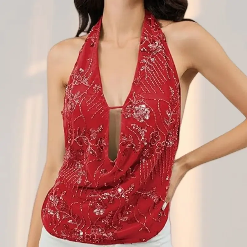 Hollow-out Sequin V-Neck Sleeveless Halter Top