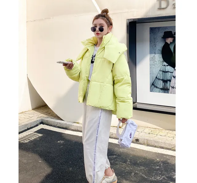 Puffy Hooded Bread Short Cotton padded Jacket For Women Thick Loose Green - Shop at LoveMi