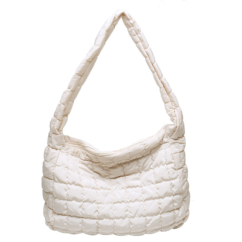 Single Shoulder Crossbody Autumn And Winter New Plaid Down Tote Bag White - Shop at LoveMi