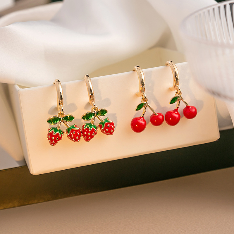 Silver Needle New Trendy Fruit Cherry Strawberry Ear Ring