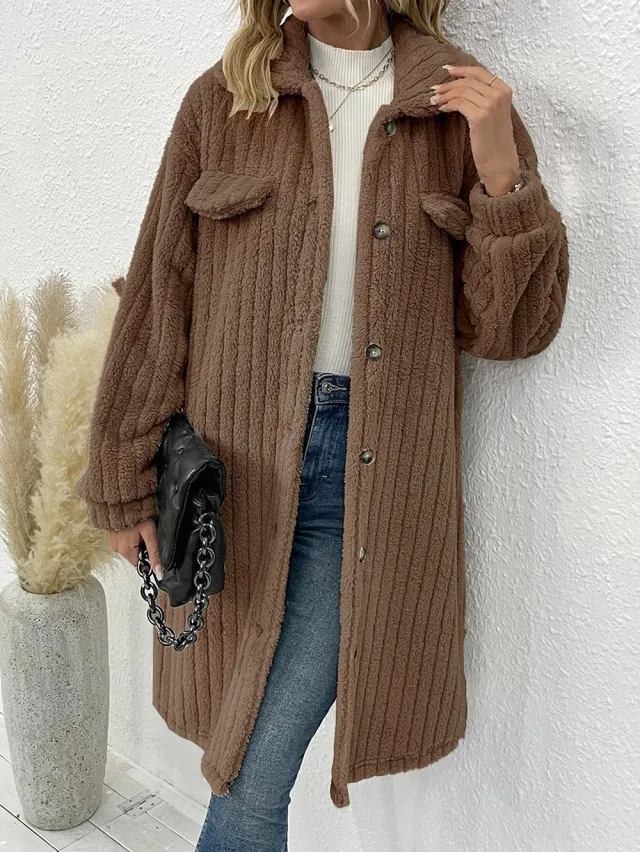 Women's Plush Lapel Long sleeved Woolen Coat Top Brown - Shop at LoveMi
