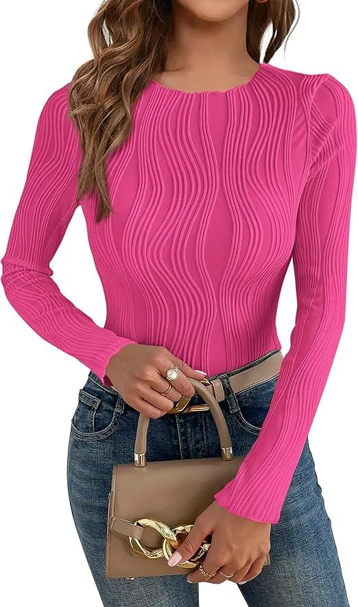 Casual Texture Round Neck Long Sleeve Slim Women's T shirt Rose Red - Shop at LoveMi