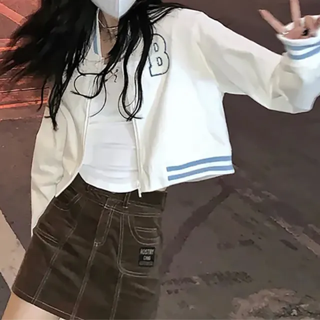 Collegiate style Loose fitting Cropped Baseball Jacket With Embroidery White - Shop at LoveMi