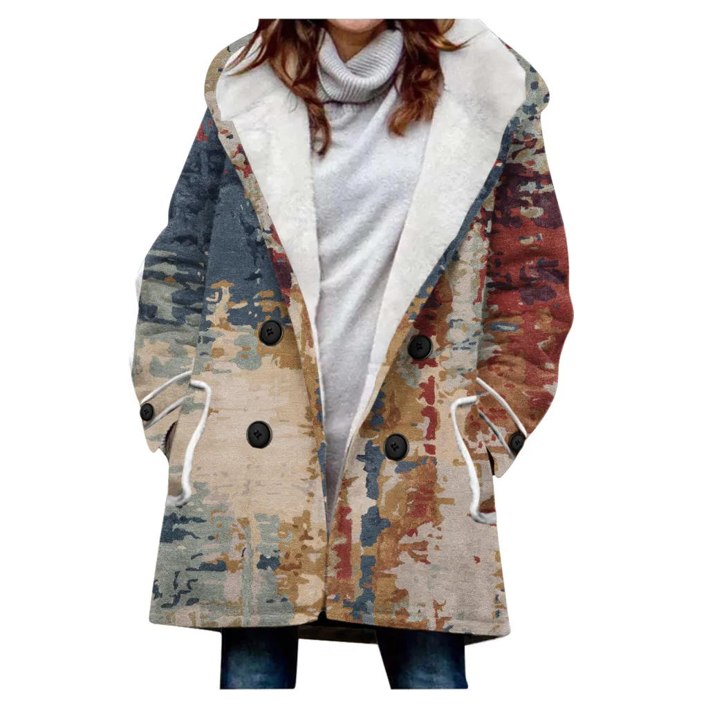 Women's Windbreaker Winter Thickened Imitation Lamb Stitching Floral Hooded - Yxs34