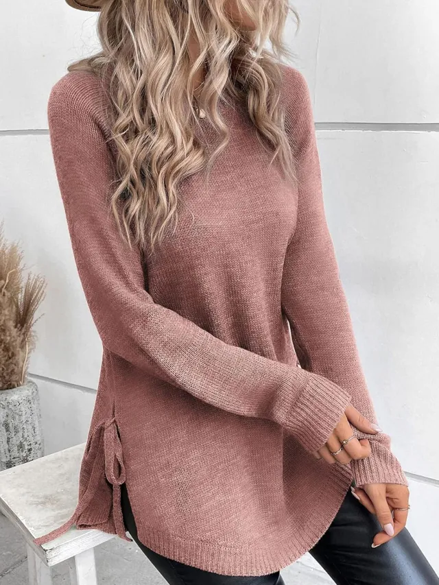 Round Neck Elegant Side Lace up Long Sleeve Pullover Sweater Peach - Shop at LoveMi