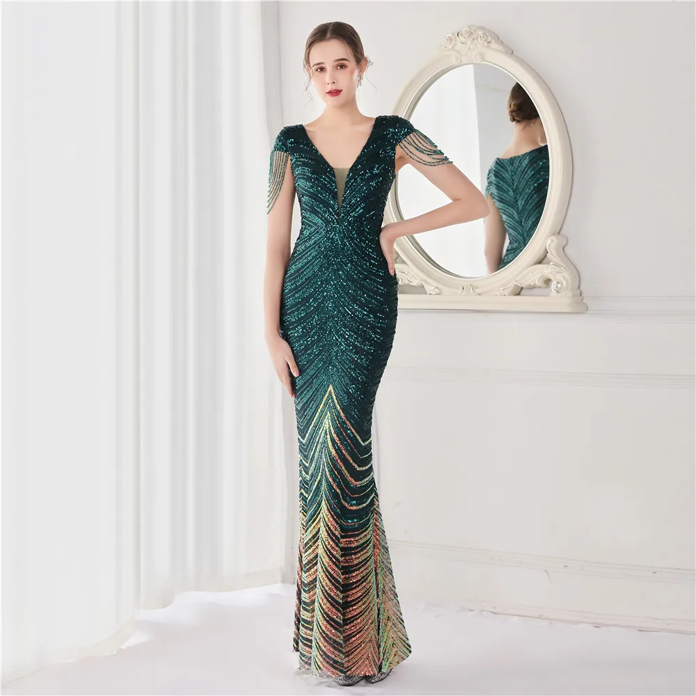 Flower Sequin Craft Party Evening Dress Long - Green