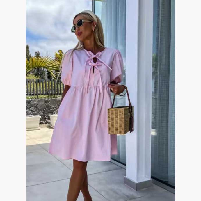 Summer Fashion New Lace up Bow Puff Sleeve Short Sleeve Dress Pink - Shop at LoveMi