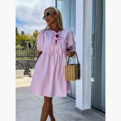 Summer Fashion New Lace-up Bow Puff Sleeve Short Sleeve Dress - Pink - View 1
