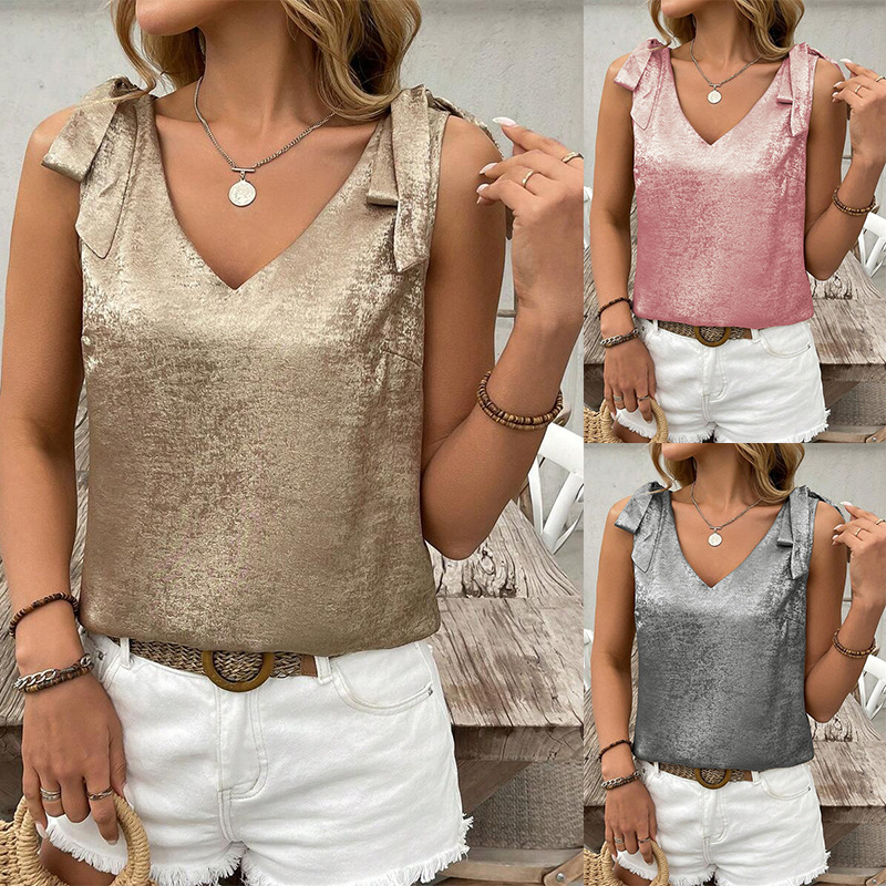 Womens Gold-Embossed V-Neck Lace-Up Bow-Knot Sleeveless Camisole