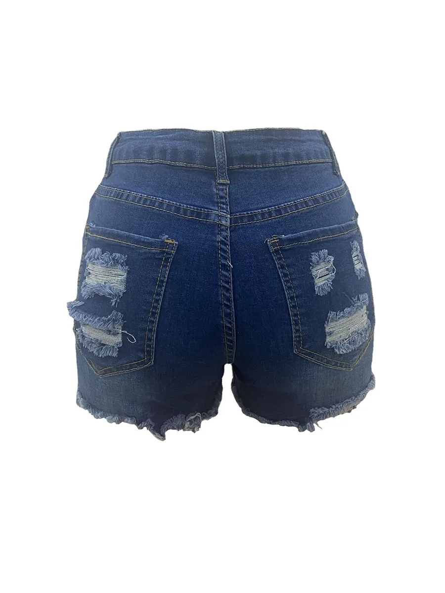 High Elastic Ripped Jeans Denim Shorts For Women - Blue