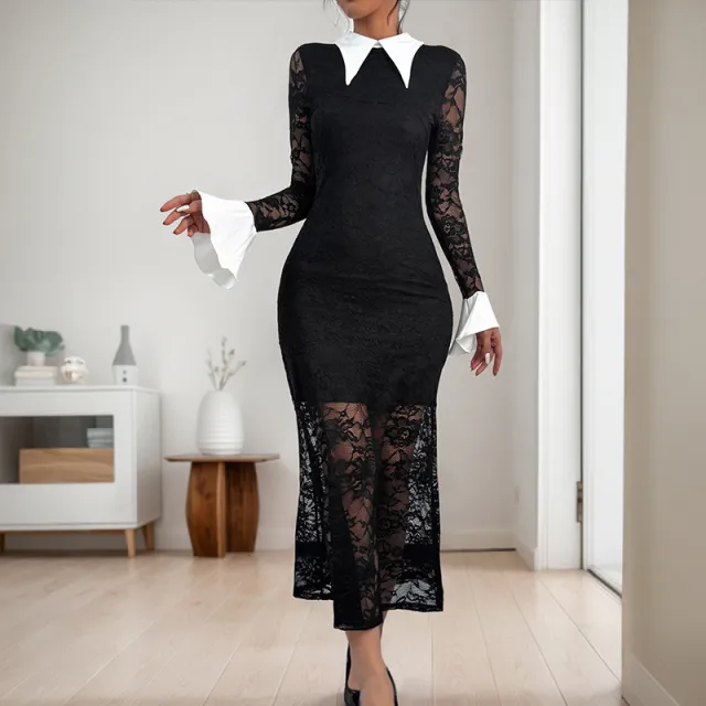 Sexy Elegant Lace Long Sleeve Lapel Color Matching Temperament Dress Black - Shop at LoveMi