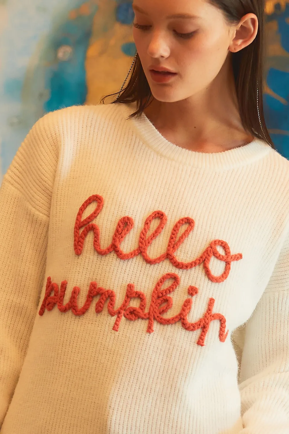 Women's Halloween Contrast Colour Embroidery Crew Neck Pullover Sweater - White
