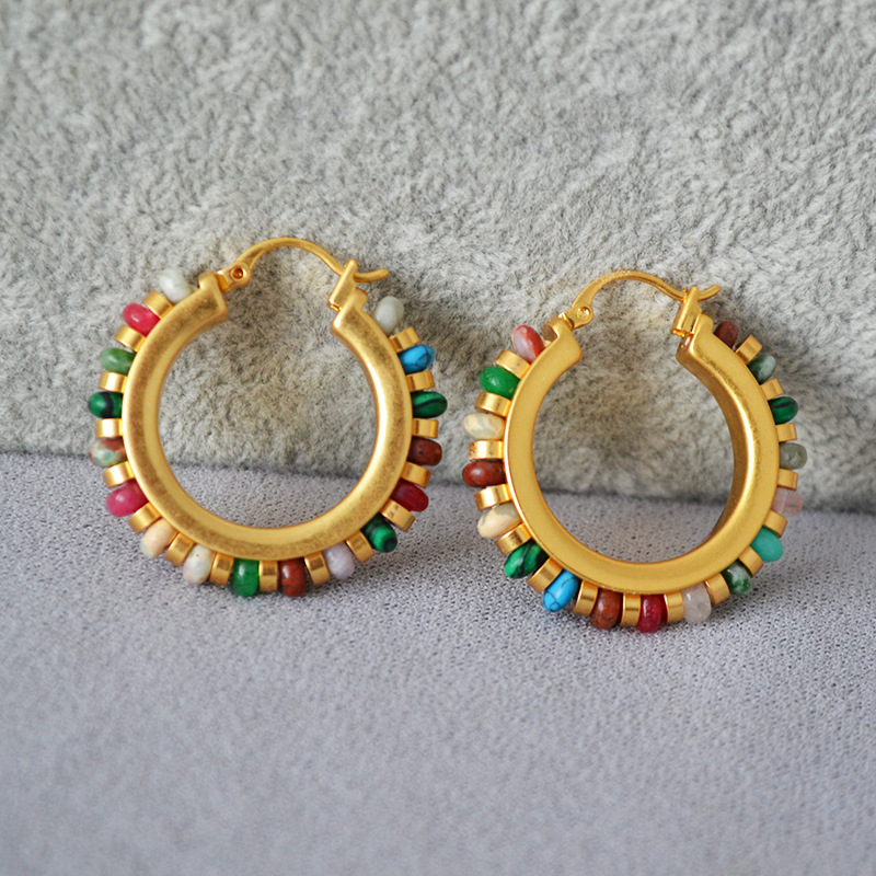 Niche Retro Bohemian Vacation Style Colorful Real Stone Beaded Trendy Earrings