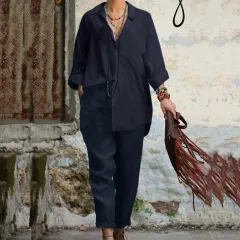 Women's Fashion Solid Colour Casual Suit Button - Navy Blue - View 1