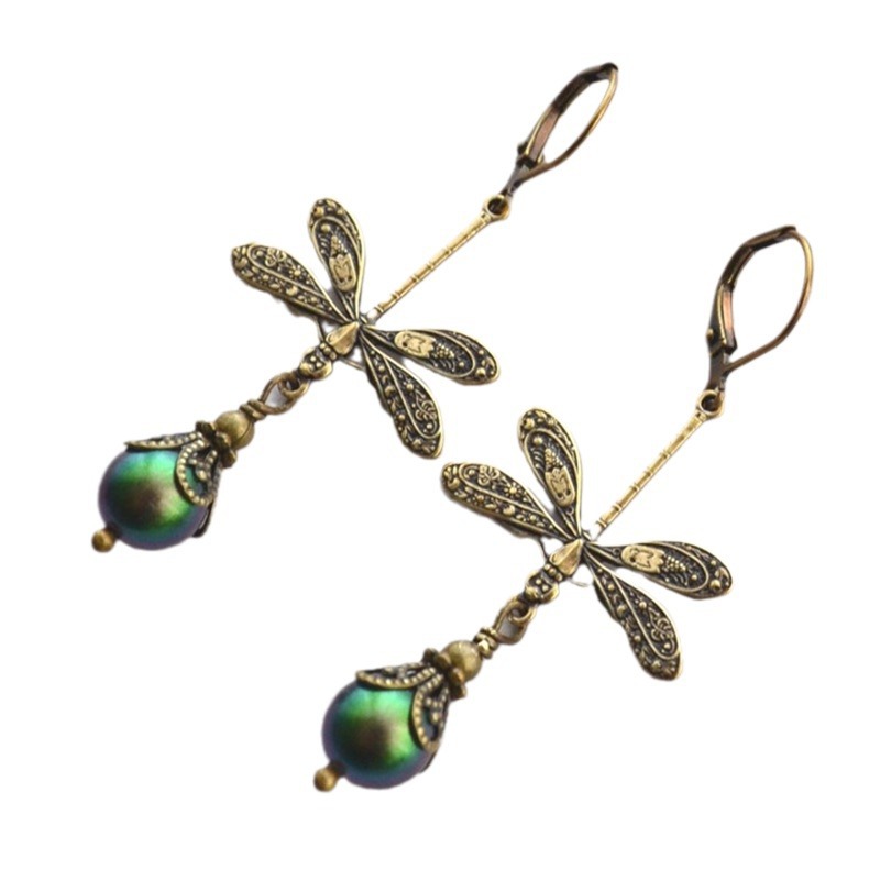 Vintage Green Gemstone Dragonfly Pendant Earrings