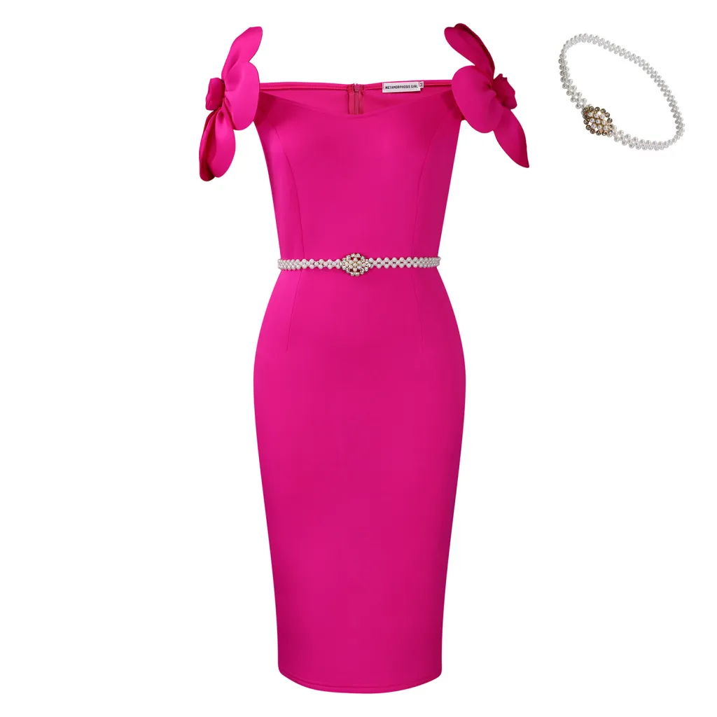 Women's Three-dimensional Floral Elegant Dress - Rose Red Belt