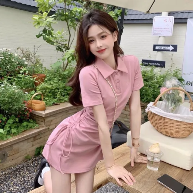 Pure Desire Style POLO Collar Dress Women Drawstring Pink - Shop at LoveMi