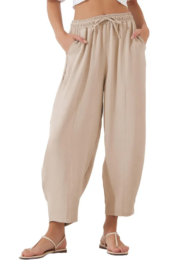 Pleated Mid waist Straight Loose Casual Cotton And Linen Cropped Pants Apricot - Shop at LoveMi