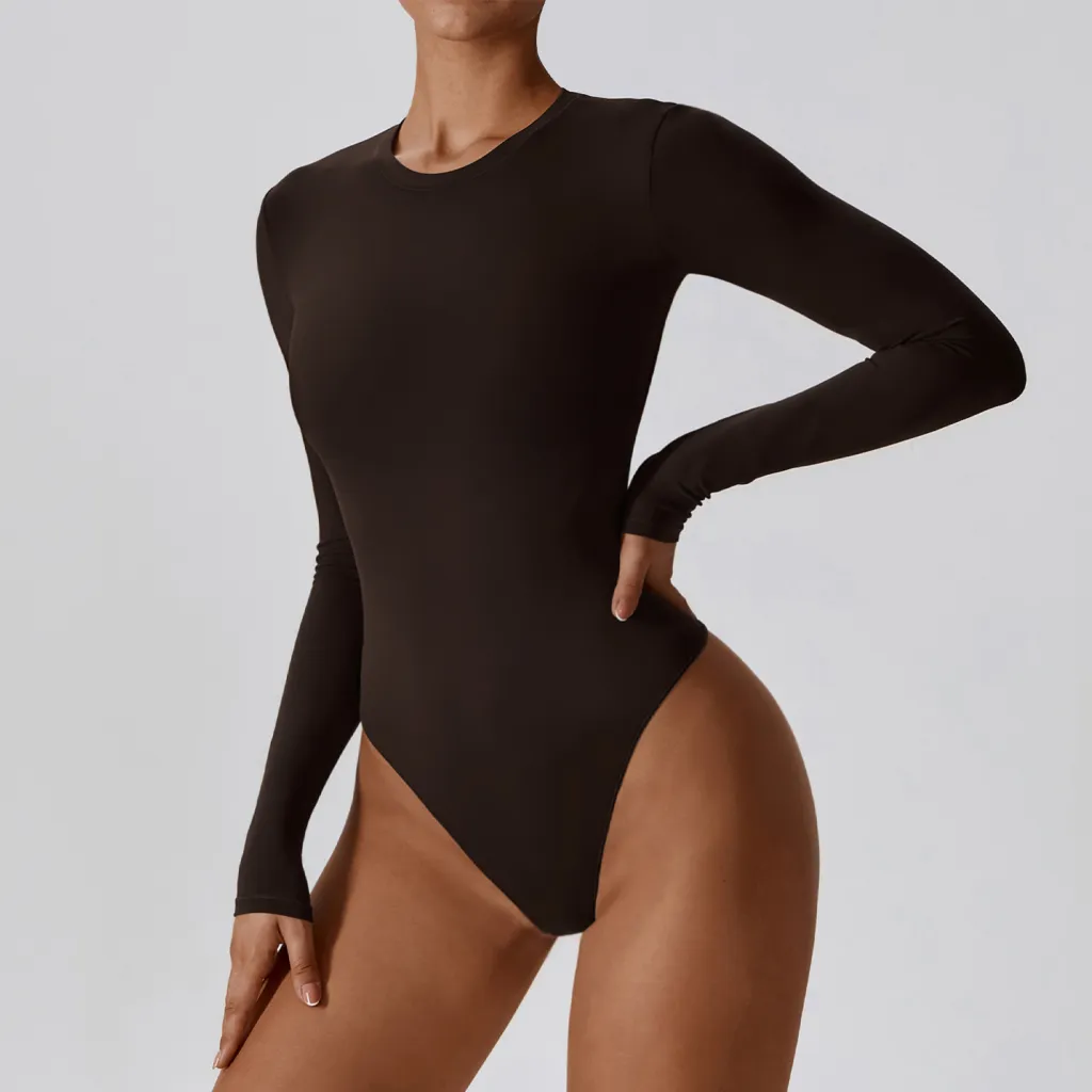 Slim Yoga Long Sleeve One-piece Ballet Base Bodysuit - Dark Coffee