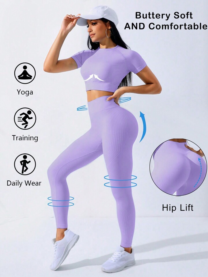 Women's Seamless Thread Yoga Suit Short Sleeve Purple - Shop at LoveMi