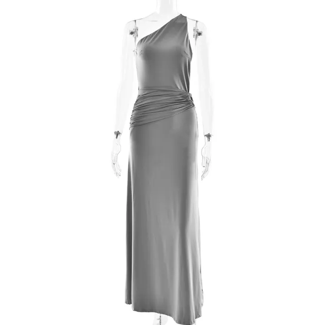 Elegant Fashion Slant Shoulder Women Dress Sexy Backless Metal Decoration Slim Solid Color Gray - Shop at LoveMi