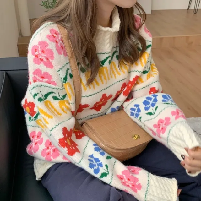 Loose Mock Neck Flower Sweater Women's Thickened Knitting Top Beige - Shop at LoveMi