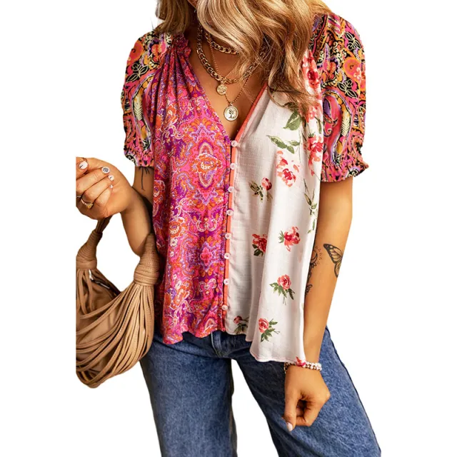 Fashion Floral Printed V neck Single breasted Shirt Color - Shop at LoveMi
