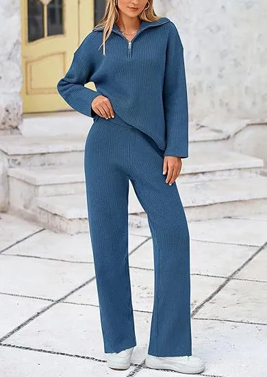 European And American Autumn And Winter Knitting Two piece Set Casual And Comfortable Half open Zipper And Lapel Sweater Blue - Shop at LoveMi