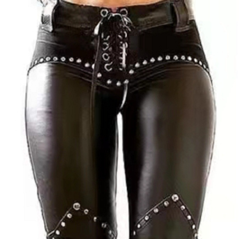 Title 4, New Womens Riveted PU Leather Pants Solid Casu...