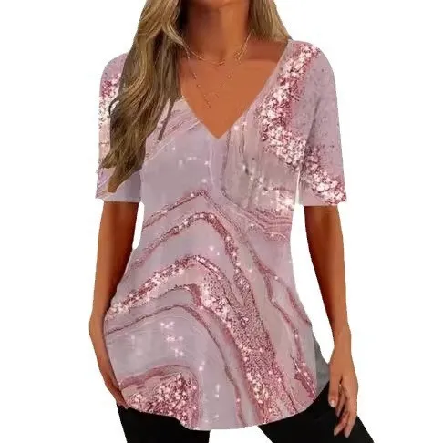 Summer Casual Loose V neck Pullover Short Sleeve Model 8 - Shop at LoveMi