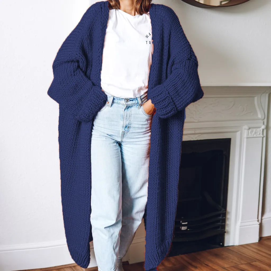 Long Solid Color Plus Size Loose Cardigan Sweater Coat - Denim Blue