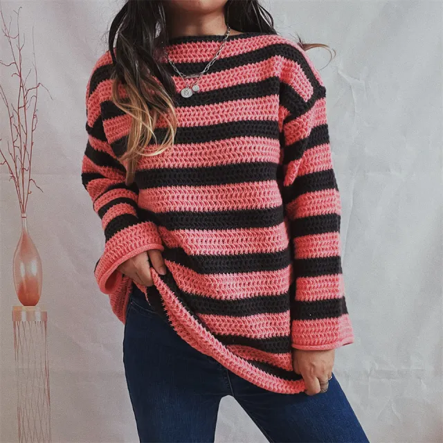 Women's Loose Off Shoulder Striped Long sleeved Sweater Pink - Shop at LoveMi