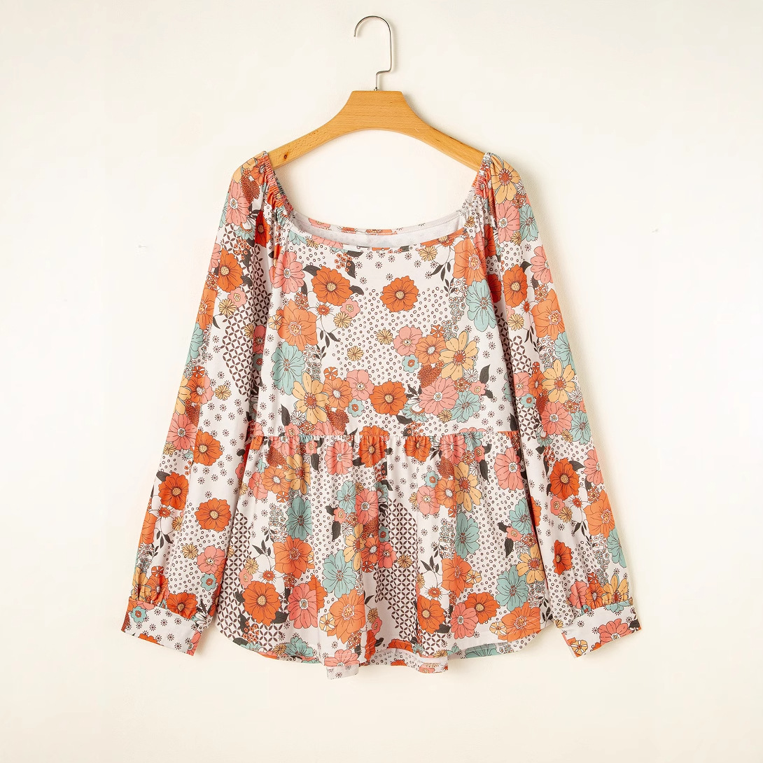 Women's Casual Loose Floral Printed Square Collar Chiffon Shirt