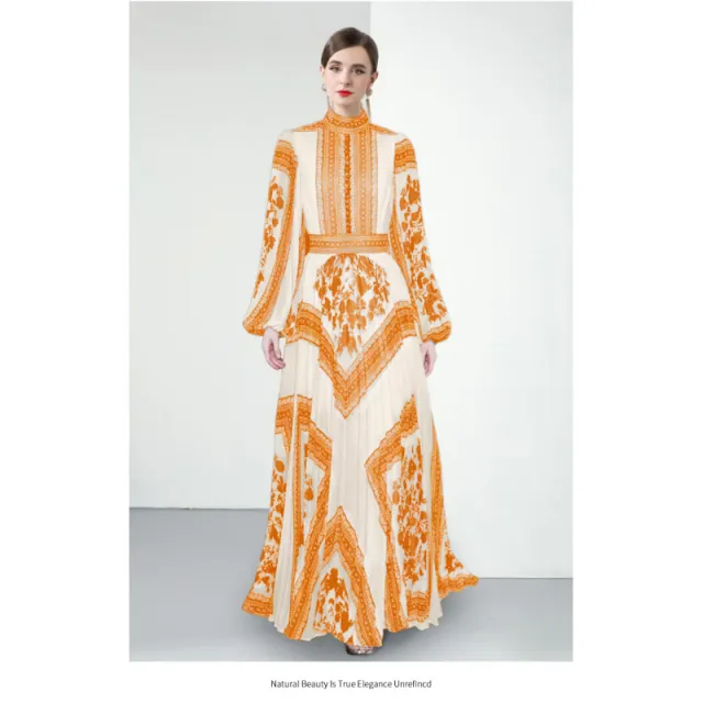European And American Elegant Stand up Collar Puff Sleeve Positioning Printed Waist controlled Pleated Puffy Long Dress Yellow - Shop at LoveMi