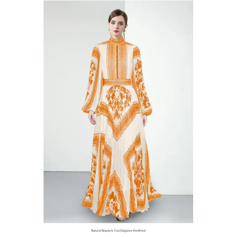 European And American Elegant Stand-up Collar Puff Sleeve Positioning Printed Waist-controlled Pleated Puffy Long Dress - Yellow