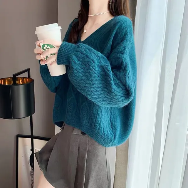Korean Style Solid Color Pullover Sweater Outer Wear Peacock Blue - Shop at LoveMi