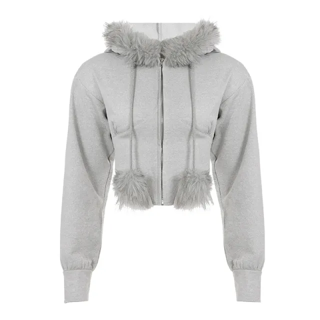 Sweet Furry Hooded Waist cinching Slimming Zip up Jacket Gray - Shop at LoveMi