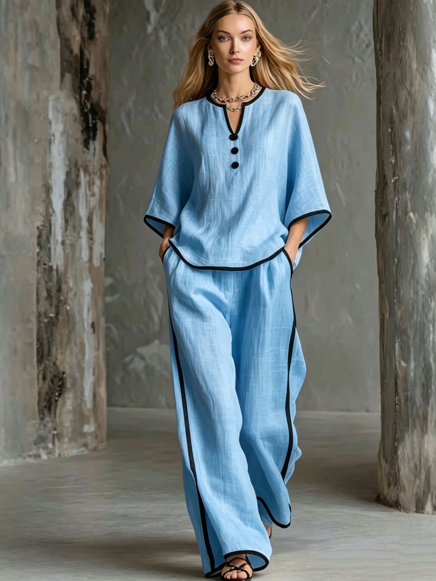 V-neck Loose Batwing-sleeve Top And Wide-leg Pants Set 4